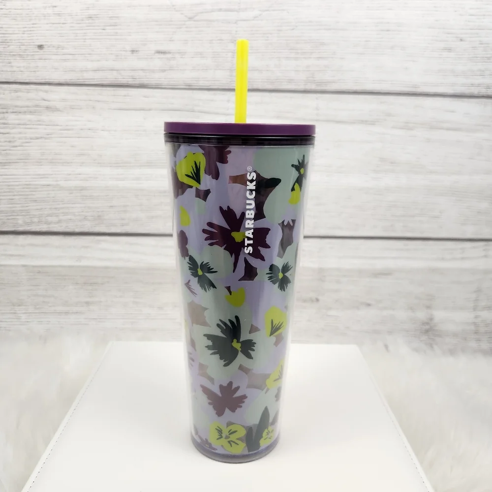 Starbucks Purple and Blue Pansie Acrylic Tumbler 24oz